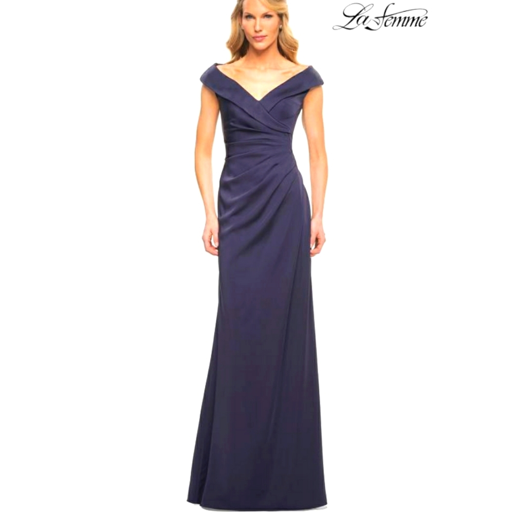 La Femme Wide V Neck Fold over Sleeves Long Gown, satin dress, size 10, new